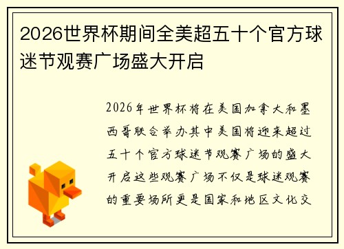 2026世界杯期间全美超五十个官方球迷节观赛广场盛大开启